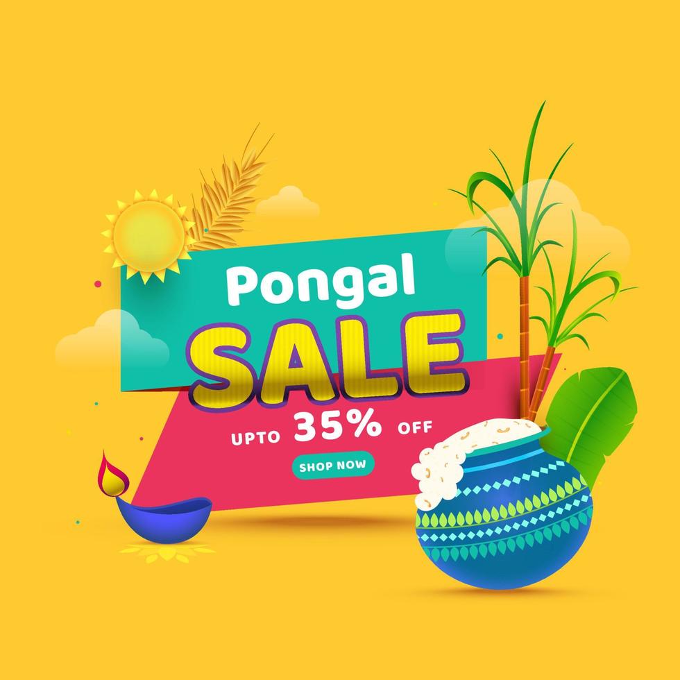 pongal vente affiche conception avec remise offre, pongali riz dans boue pot, canne à sucre, banane feuille et Soleil sur Jaune Contexte. vecteur