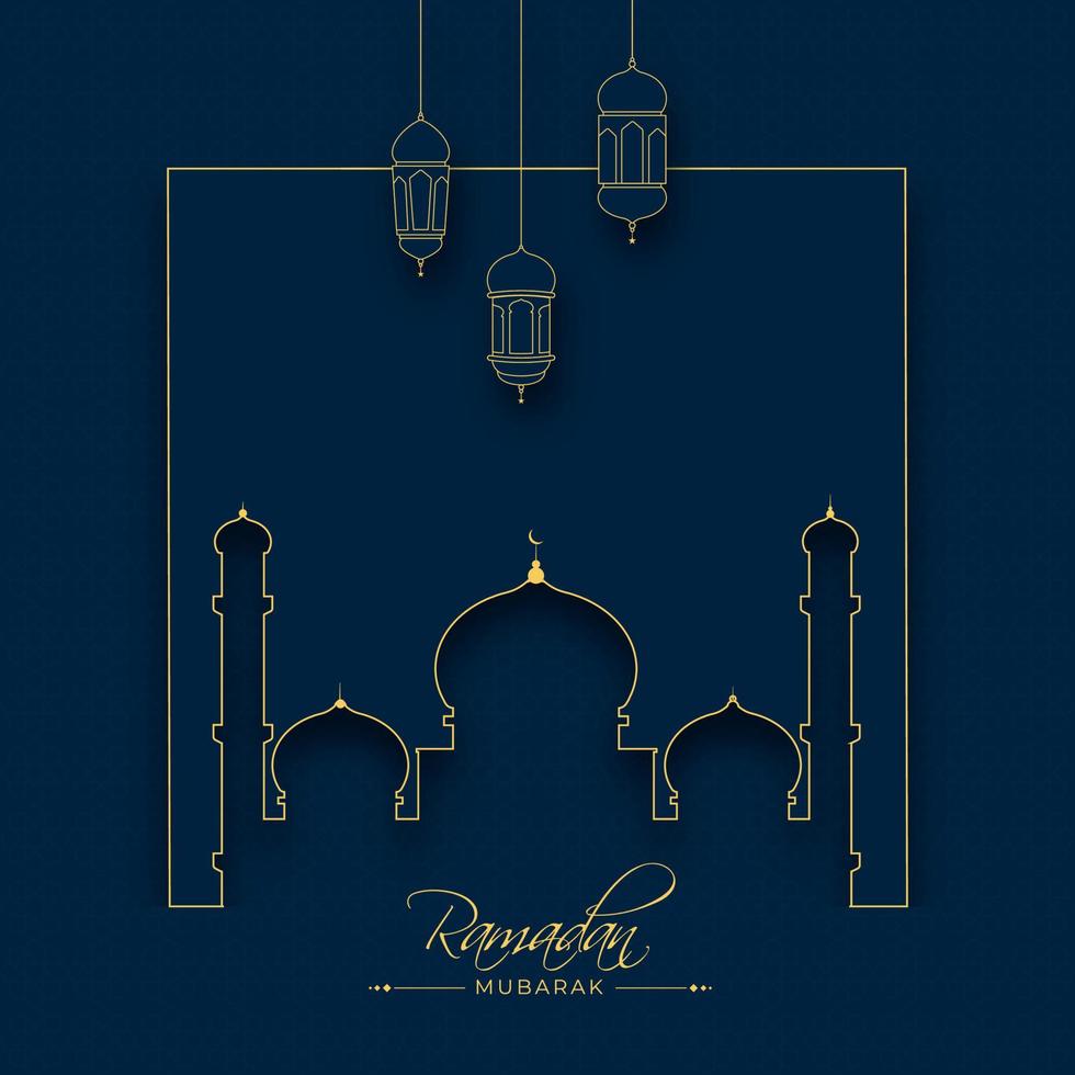 islamique saint mois de Ramadan kareem avec dessin au trait lanternes et mosquée sur bleu Contexte. vecteur