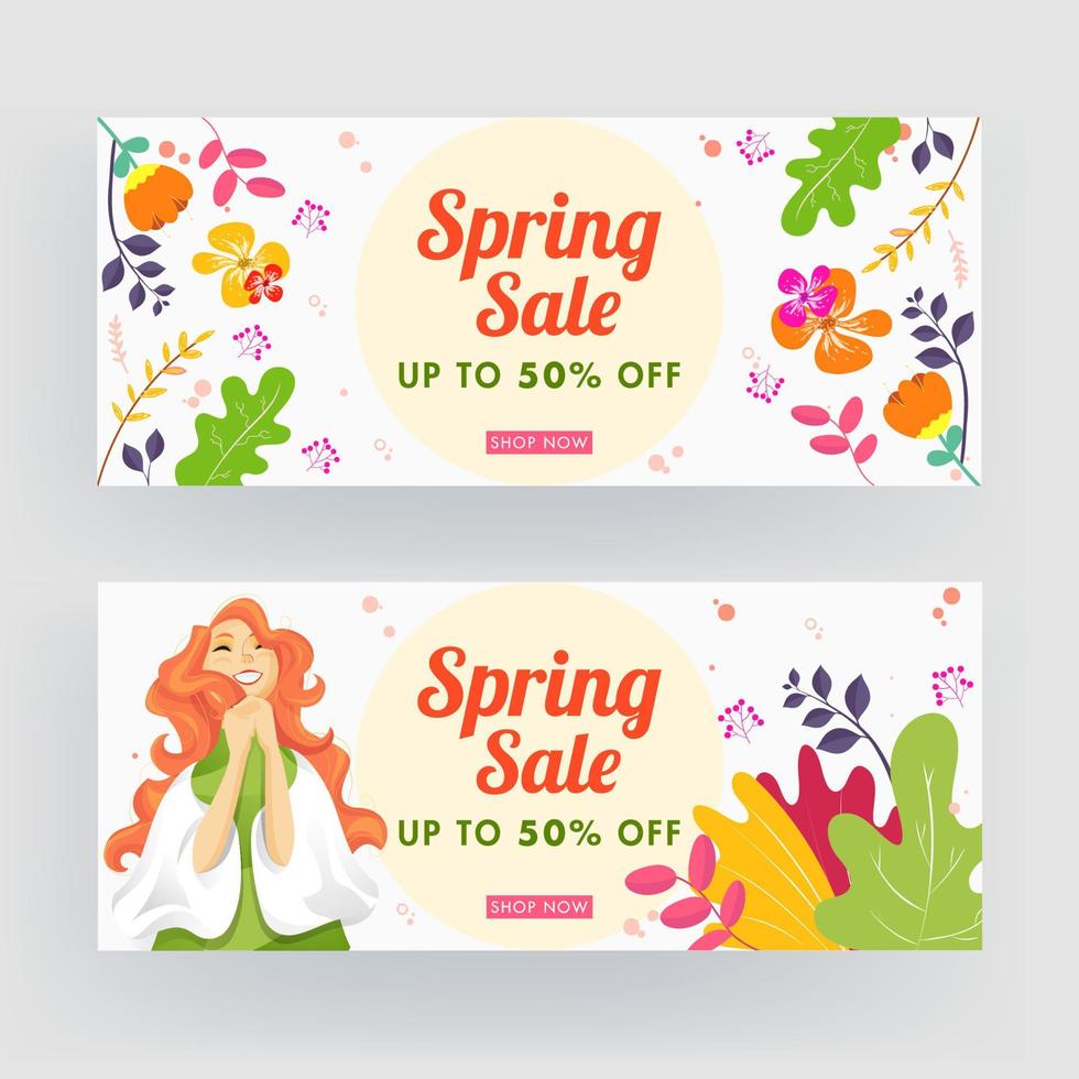 printemps vente entête ou bannière conception avec remise offre, de bonne humeur Jeune fille personnage et coloré floral décoré Contexte. vecteur