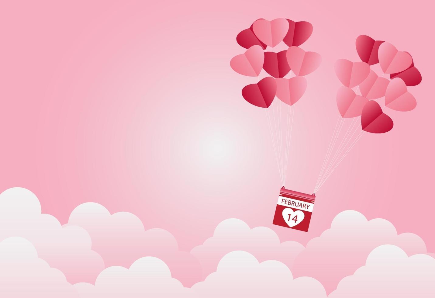 Saint Valentin, ballon en forme de coeur flottant dans le ciel, fond rose, art du papier vecteur