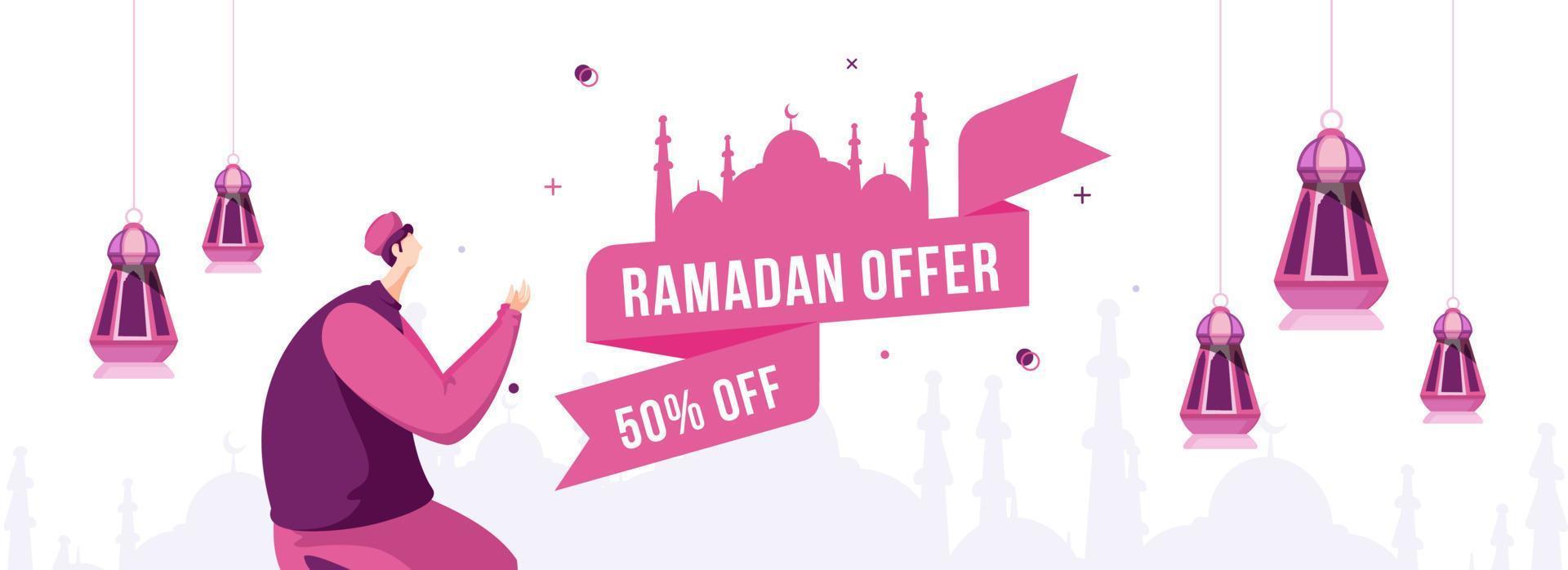 Ramadan vente entête ou bannière conception avec remise offre, pendaison lanternes et musulman homme Faire prière sur blanc Contexte. vecteur