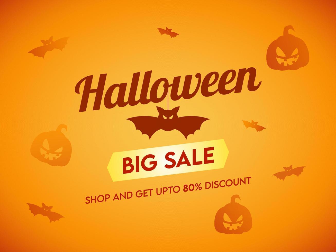 Halloween gros vente bannière conception avec remise offre, effrayant citrouilles et en volant chauves-souris sur Orange Contexte. vecteur