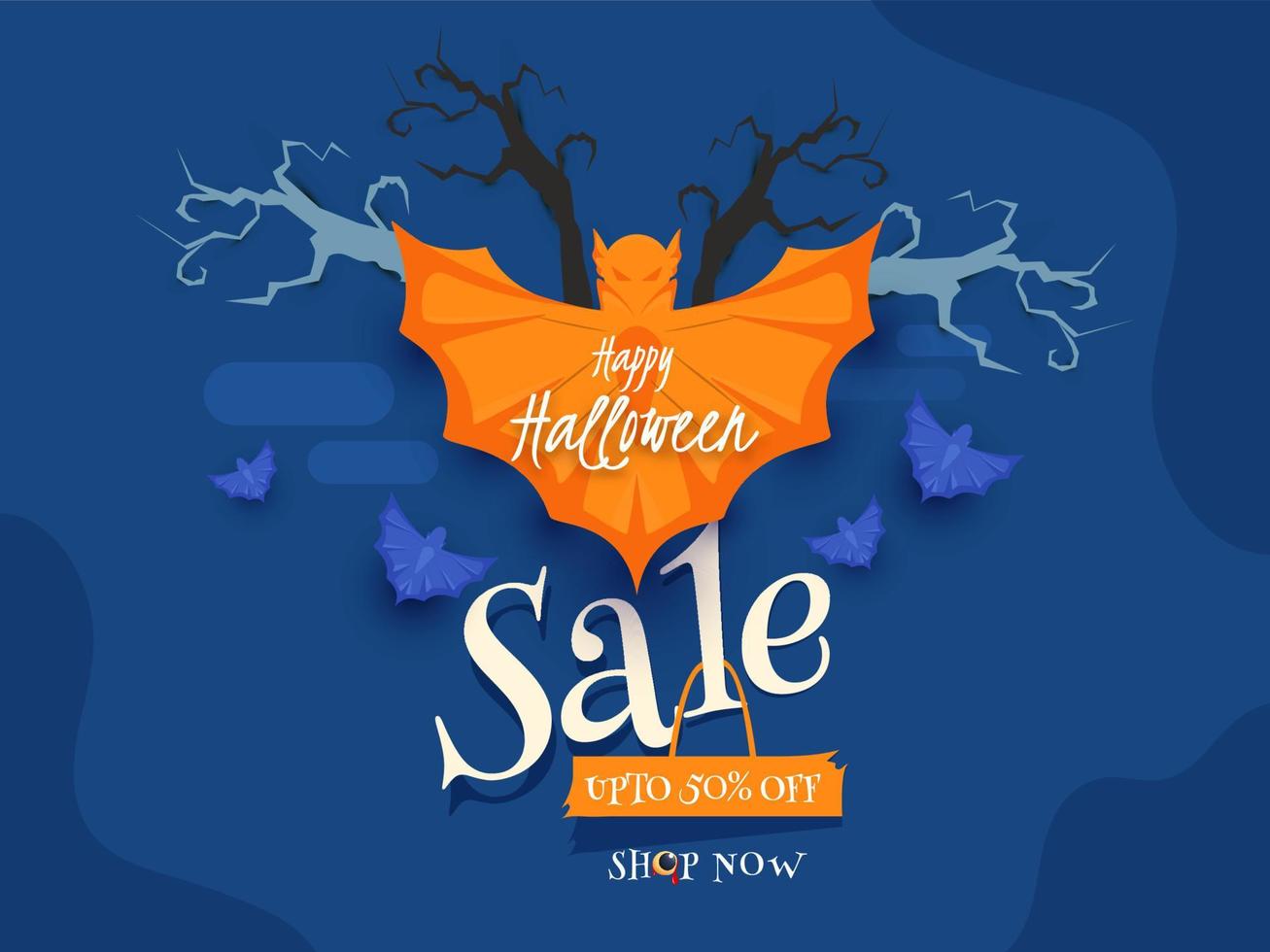 Halloween vente affiche conception avec remise offre, chauves-souris et nu des arbres sur bleu Contexte. vecteur