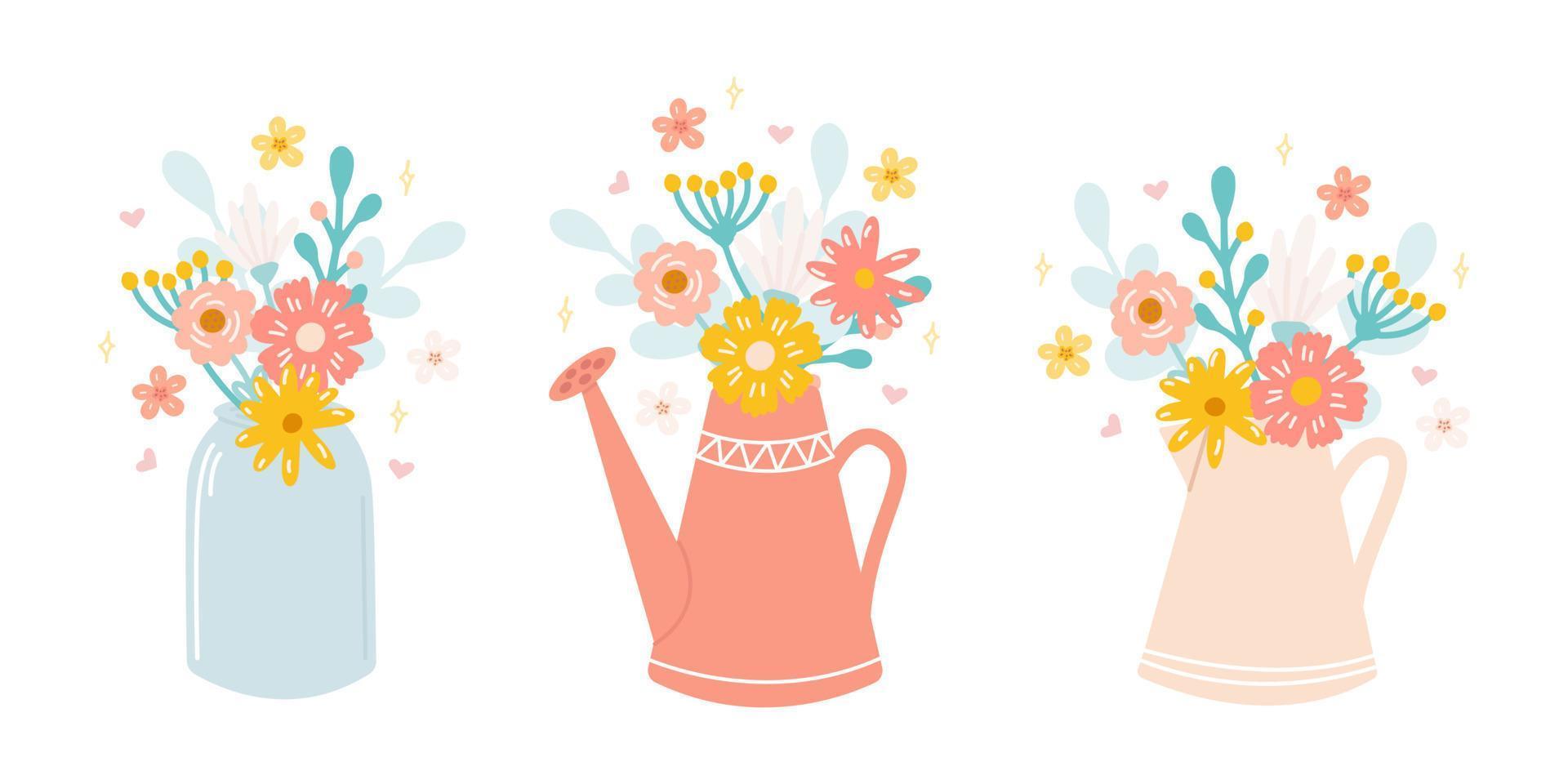ensemble de mignonne magnifique fleur bouquets dans pot, cruche et arrosage peut. vecteur illustration dans plat style. floral décor pour faire-part, cartes postales, autocollants