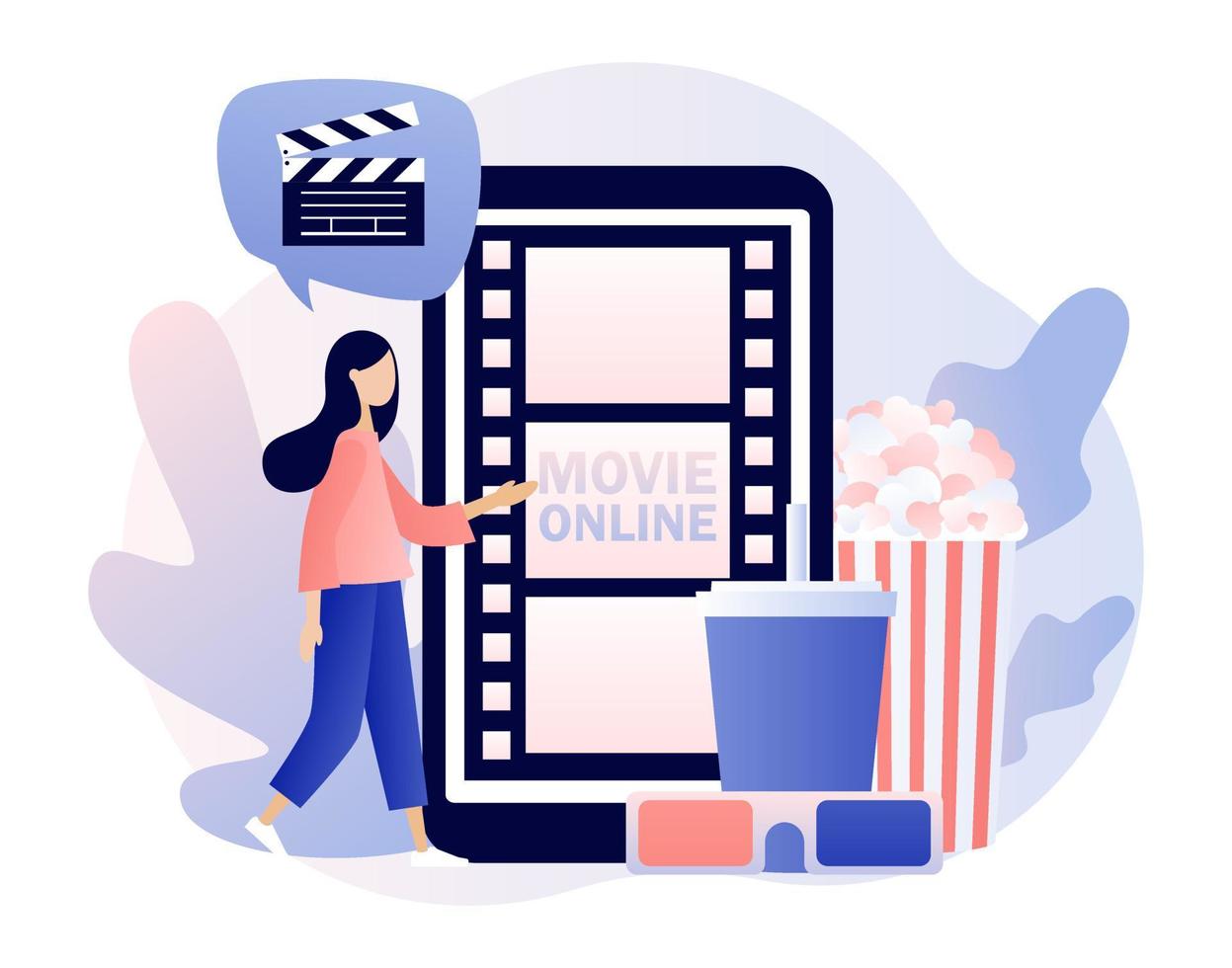 en ligne cinéma concept. mobile film théâtre. minuscule femme en train de regarder film à mobile app avec Popcorn, 3d des lunettes et vidéo les attributs. moderne plat dessin animé style. vecteur illustration sur blanc Contexte