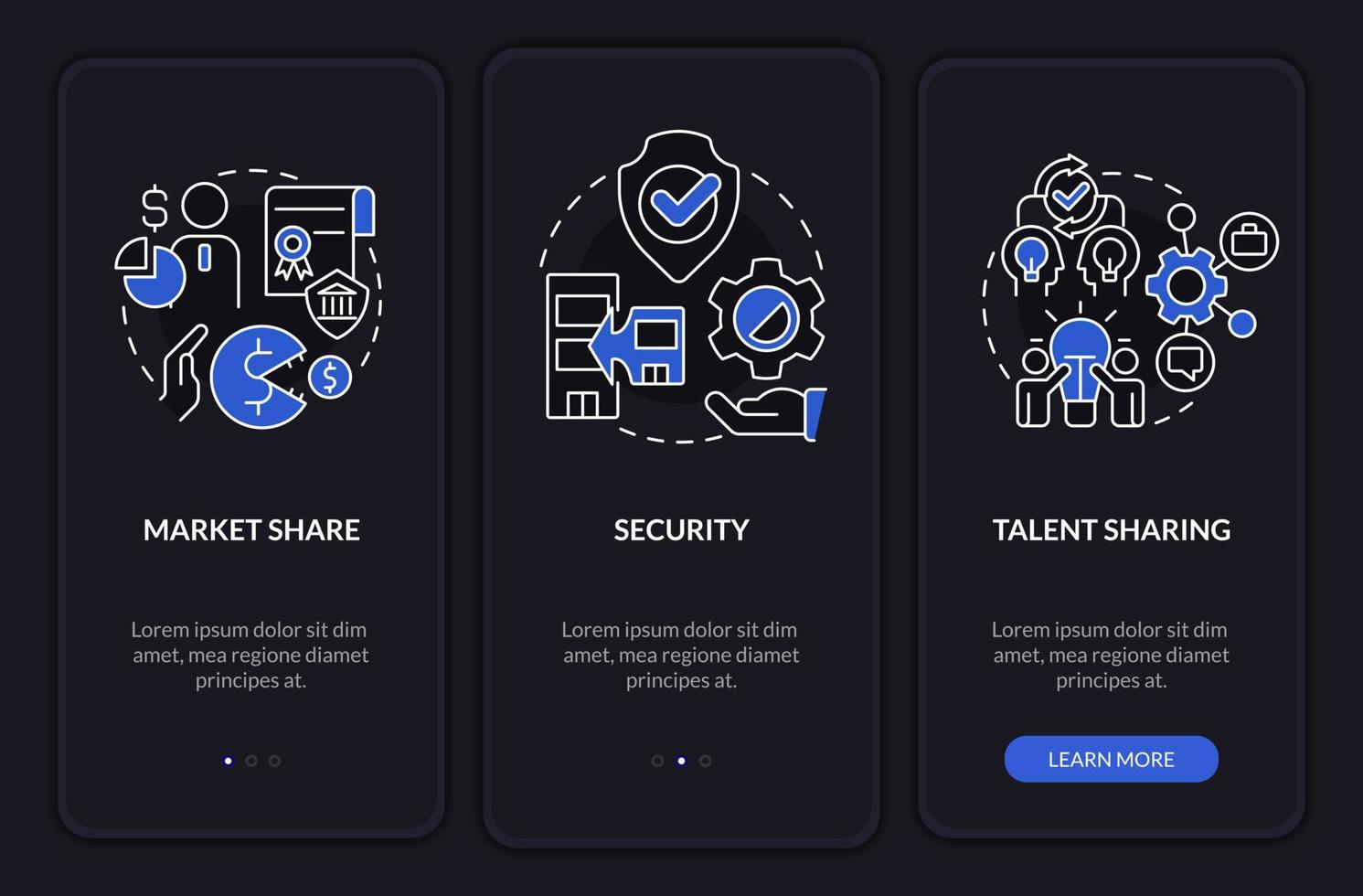 fusionnement objectifs nuit mode l'intégration mobile app filtrer. affaires procédure pas à pas 3 pas modifiable graphique instructions avec linéaire concepts. interface utilisateur, ux, gui modèle vecteur