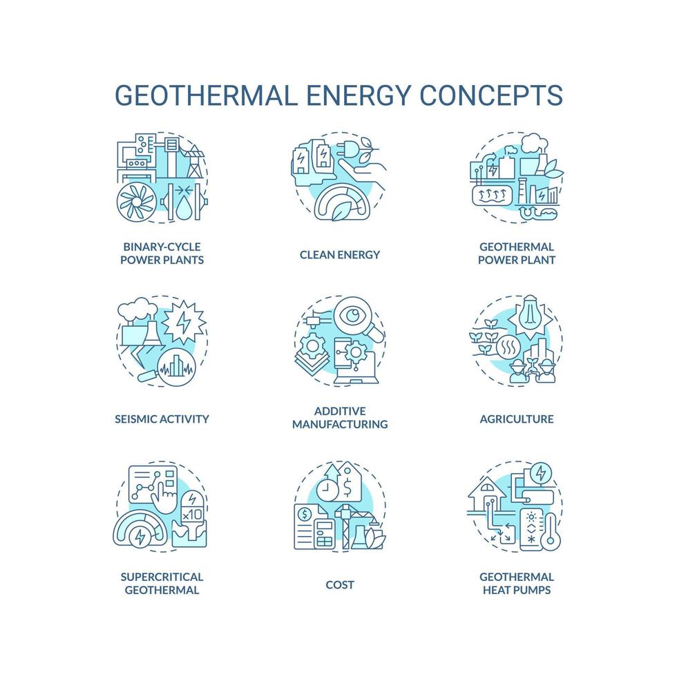 géothermie énergie bleu concept Icônes ensemble. Puissance gare. produire électricité idée mince ligne Couleur illustrations. isolé symboles. modifiable accident vasculaire cérébral vecteur