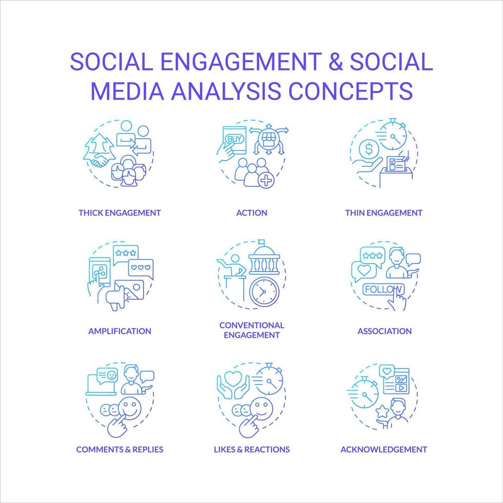 social engagement bleu pente concept Icônes ensemble. social médias analyse. numérique commercialisation. participation idée mince ligne Couleur illustrations. isolé symboles vecteur