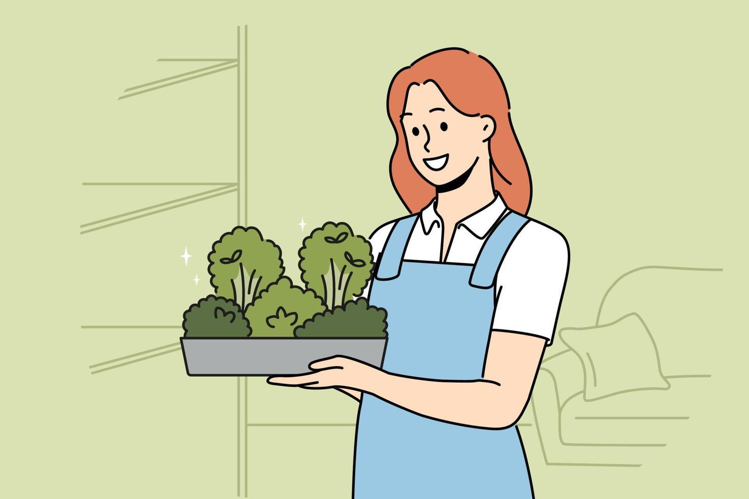 souriant femme dans tablier en portant boîte avec verdure dans mains. content fille avec microgreen récipient travail dans serre. vecteur illustration.