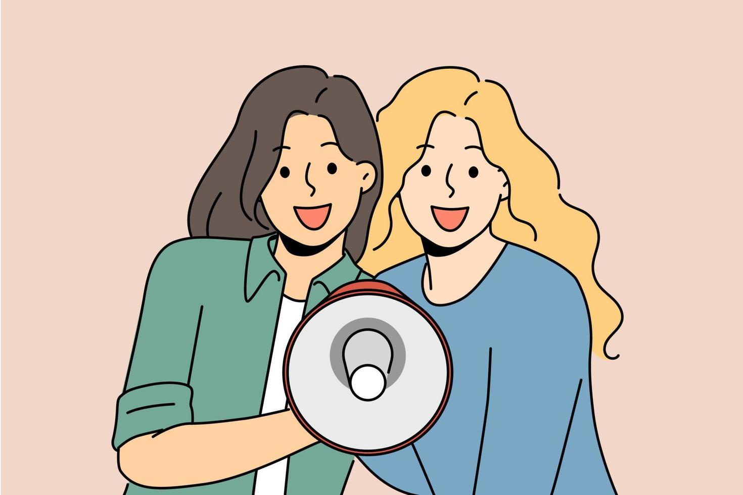 souriant femmes avec mégaphone dans mains annoncer bien traiter ou offre. content les filles crier dans haut-parleur dire à propos vente ou promotion. vecteur illustration.