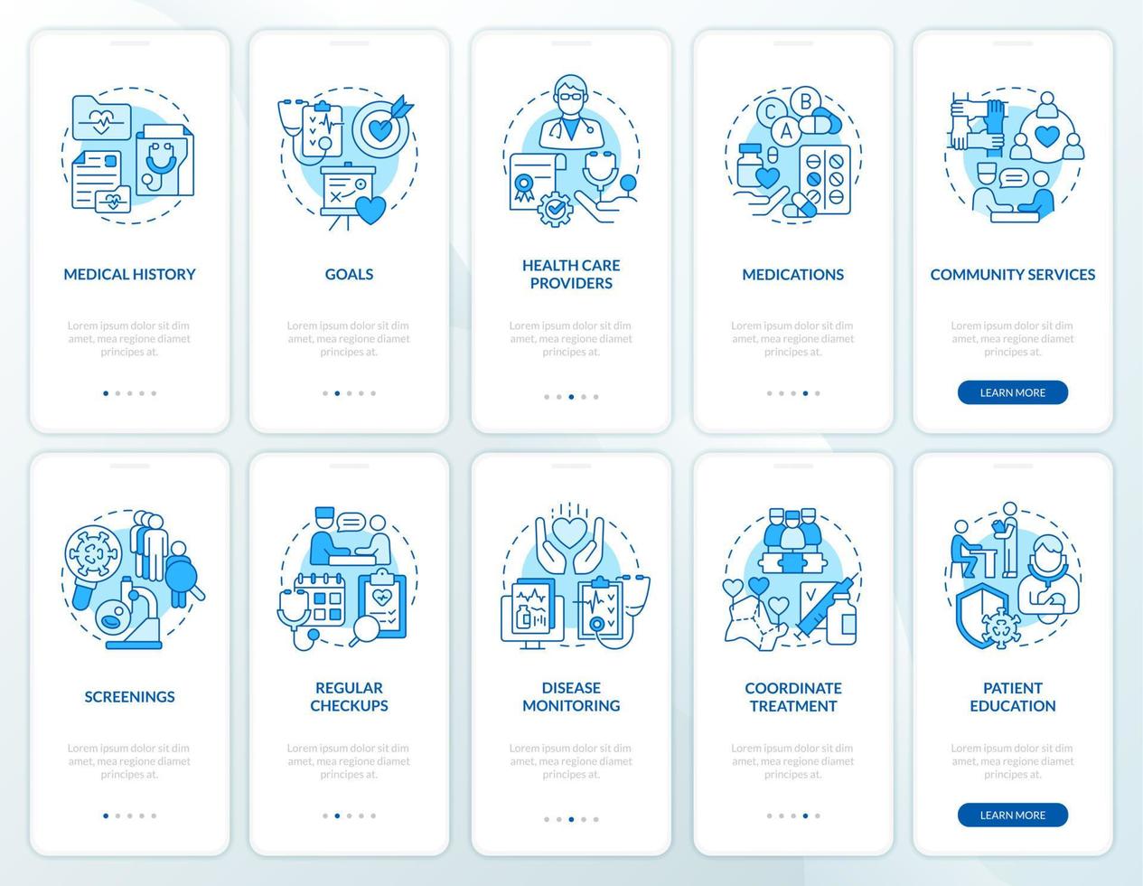 chronique conditions la gestion bleu l'intégration mobile app écran ensemble. procédure pas à pas 5 pas modifiable graphique instructions avec linéaire concepts. interface utilisateur, ux, gui modèle vecteur