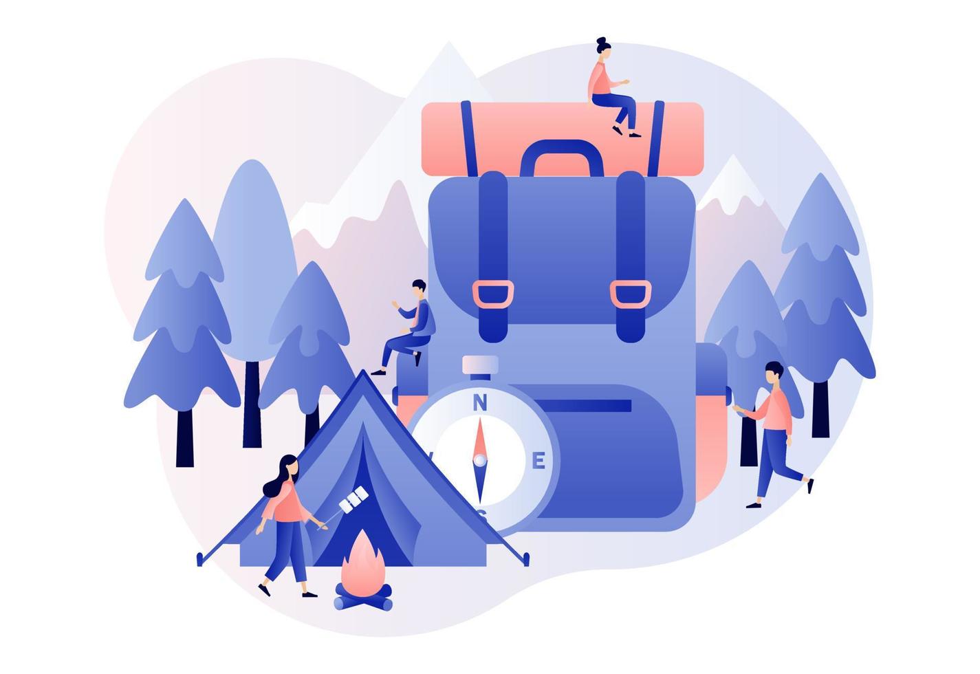 camping concept. la nature tourisme. minuscule gens dans été camp avec gros Voyage sac à dos, tente, feu de camp, montagnes et forêt. moderne plat dessin animé style. vecteur illustration sur blanc Contexte