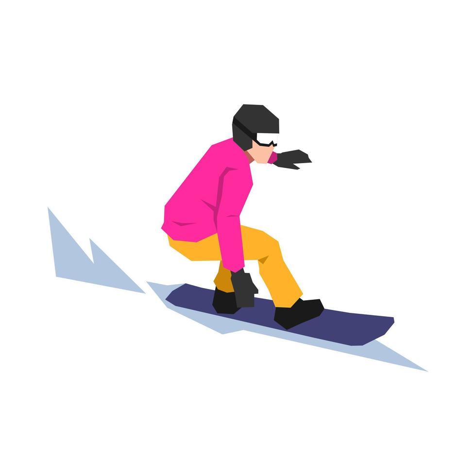 Masculin snowboarder dans action dans le neige. extrême sport, l'hiver. côté voir. dessin animé plat vecteur illustration.