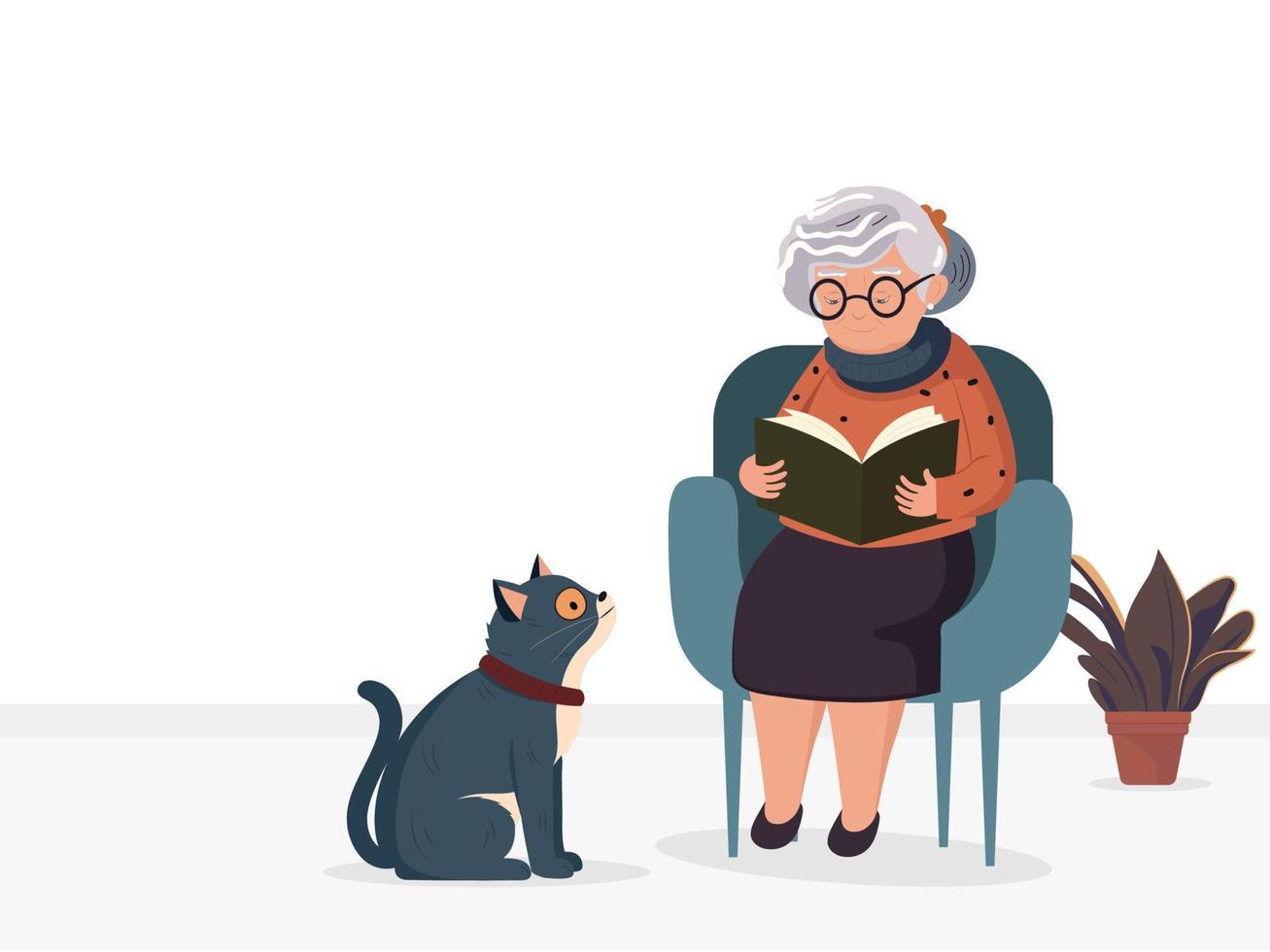 personnes âgées femme personnage en train de lire une livre sur fauteuil avec mignonne chat, plante vase sur blanc Contexte et copie espace. vecteur