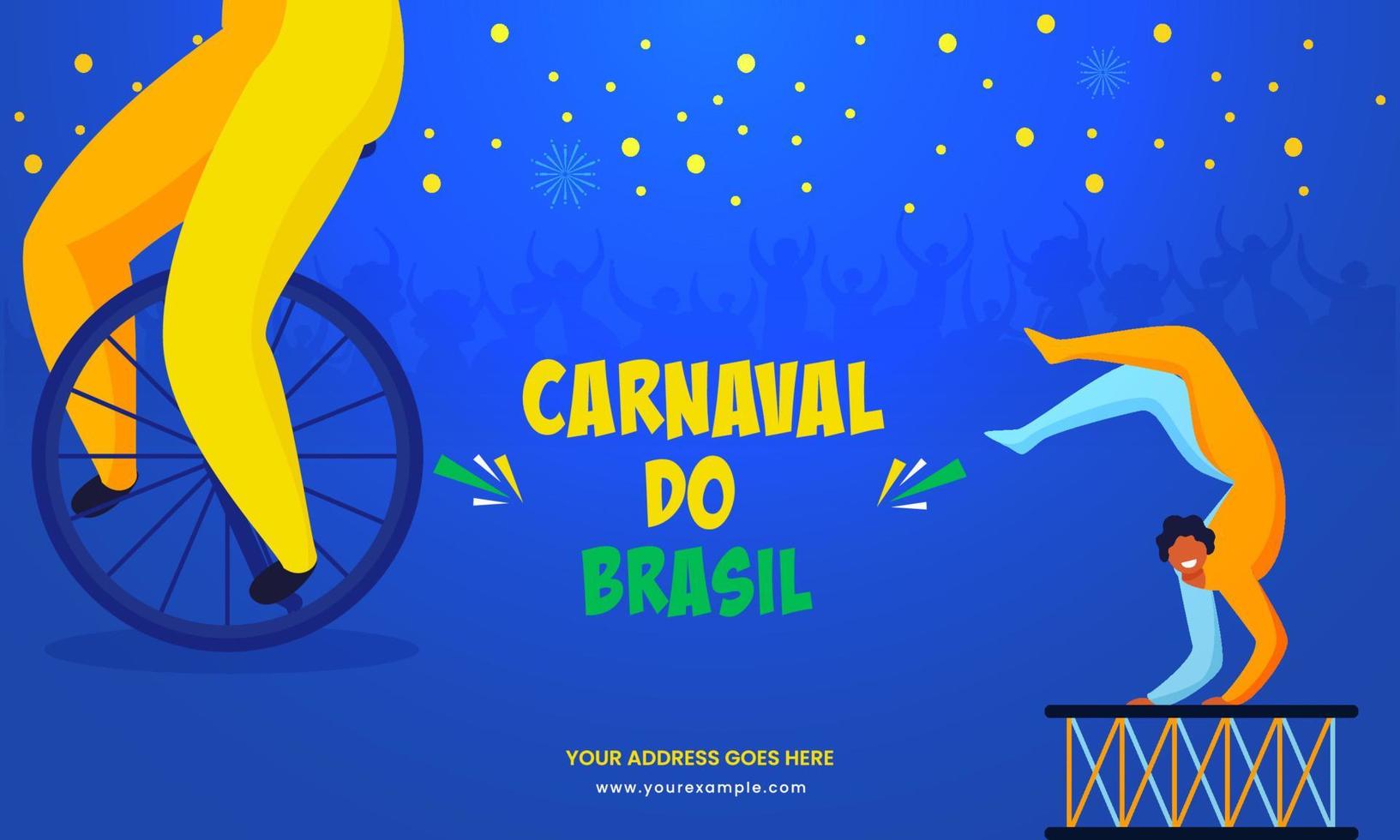 carnaval de Brésil texte écrit dans Portugais Langue et cirque interprète personnages sur bleu Contexte. vecteur