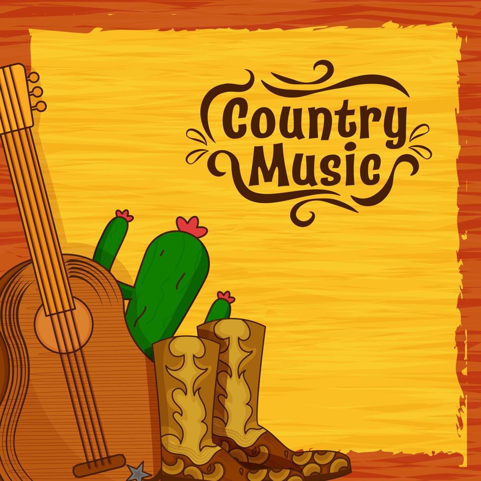 pays la musique affiche conception avec guitare, cow-boy bottes, cactus plante sur brûlé ombre et Jaune brosse en bois texture Contexte. vecteur