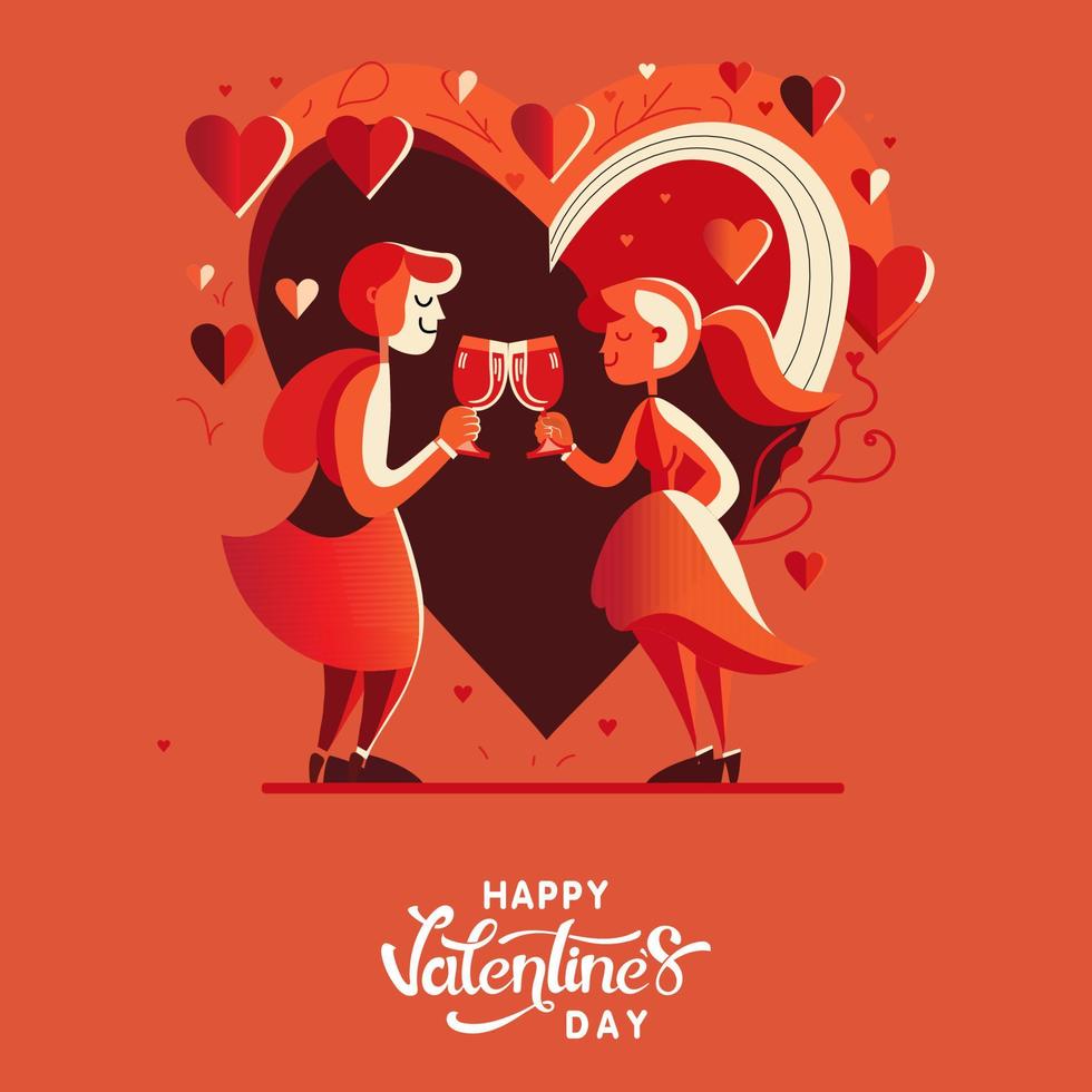 vecteur illustration de romantique Jeune couple tintement boisson des lunettes sur Orange cœur formes Contexte pour content la Saint-Valentin journée concept.