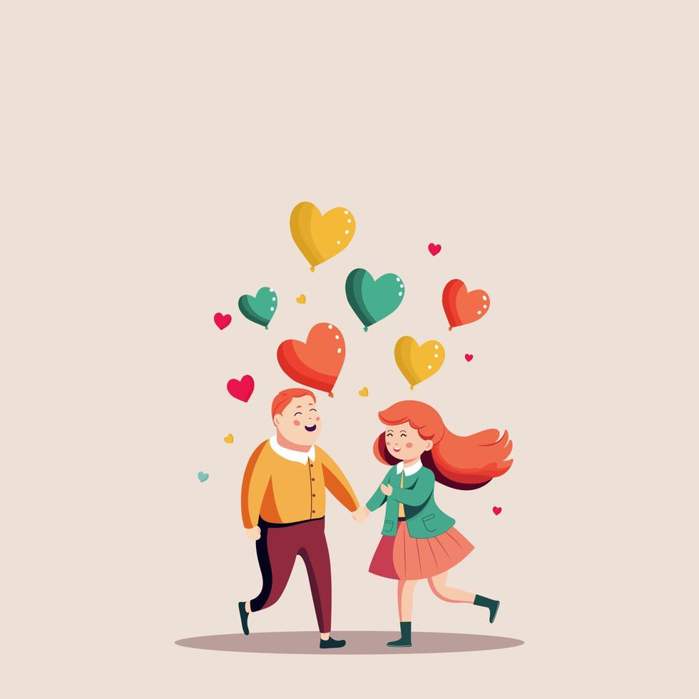 de bonne humeur Jeune garçon et fille personnage en portant mains ensemble avec coloré cœur des ballons sur beige Contexte. vecteur