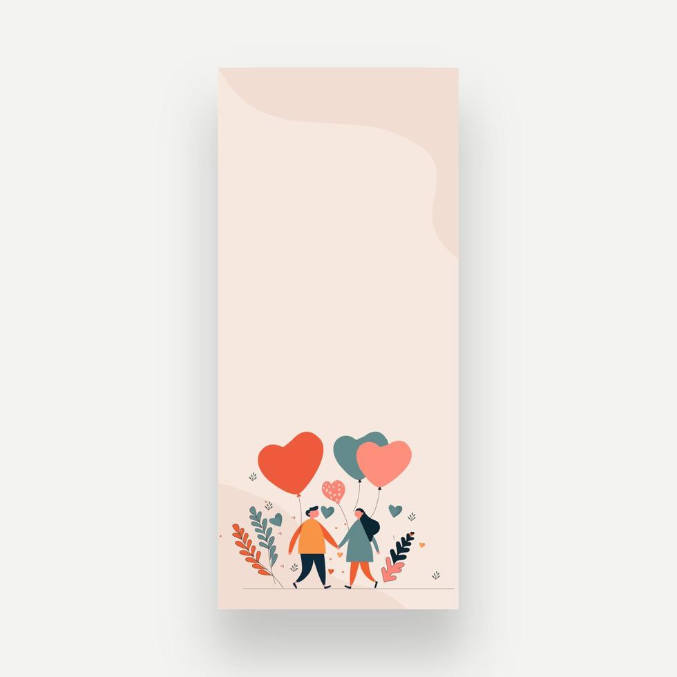 Jeune couple personnage en portant mains ensemble avec cœur forme des ballons, feuilles sur pastel rose Contexte et copie espace. content la Saint-Valentin journée concept. vecteur