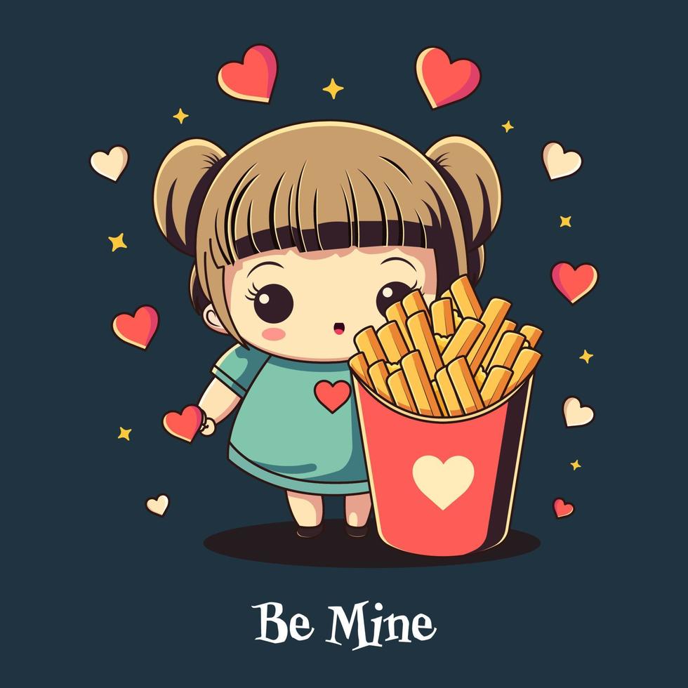 être mien texte avec mignonne fille personnage, français frites boîte et cœur formes décoré sur foncé sarcelle Contexte. content la Saint-Valentin journée concept vecteur