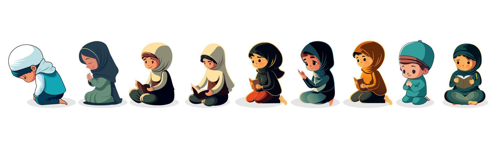 ensemble de musulman garçon et fille personnages prier avec tasbih, coran livre dans séance pose. islamique religieux concept. vecteur