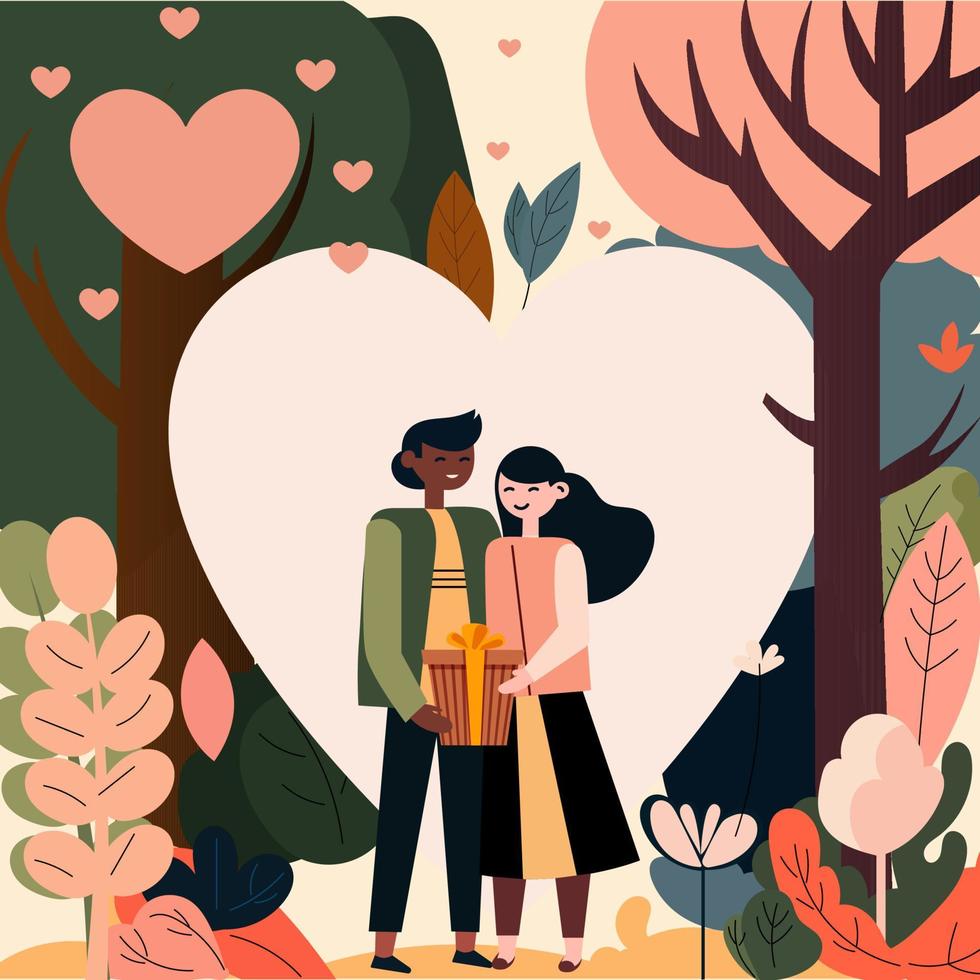 Jeune couple personnage en portant une cadeau boîte sur la nature Contexte. la Saint-Valentin journée concept. vecteur
