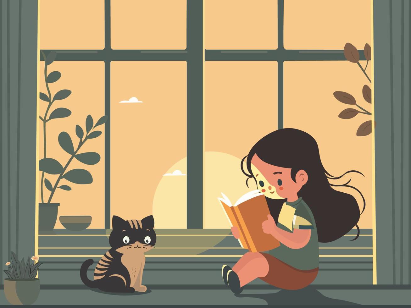 mignonne fille personnage en train de lire une livre près chat séance et plante vase sur Soleil fenêtre Contexte. vecteur