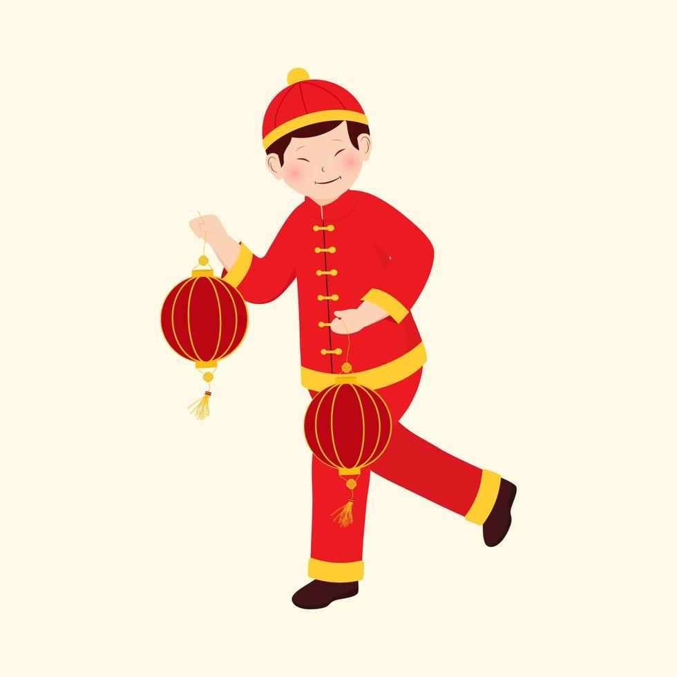 personnage de chinois Jeune garçon en portant lanternes dans en marchant pose sur beige Contexte. vecteur