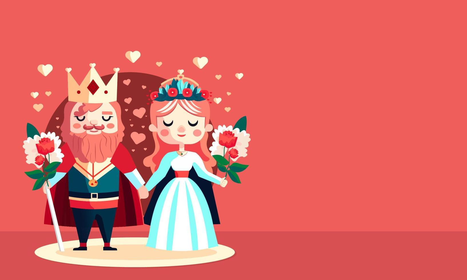 dessin animé illustration de Roi et reine en portant mains ensemble avec bouquet, cœurs sur rouge Contexte. la Saint-Valentin journée concept. vecteur