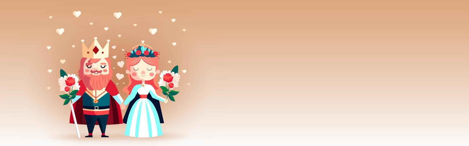 dessin animé illustration de Roi et reine en portant mains avec bouquet, cœurs décoré Contexte et copie espace. la Saint-Valentin journée concept. vecteur