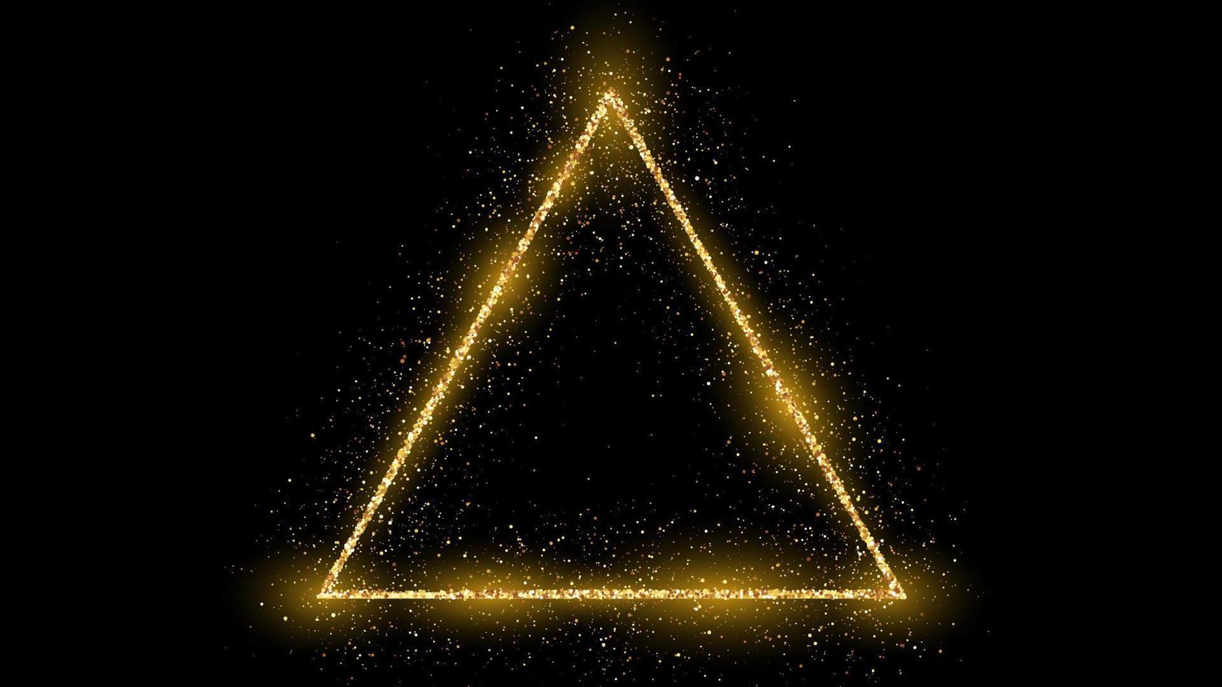d'or Triangle Cadre avec briller, scintille et fusées éclairantes sur foncé Contexte. vide luxe toile de fond. vecteur illustration.
