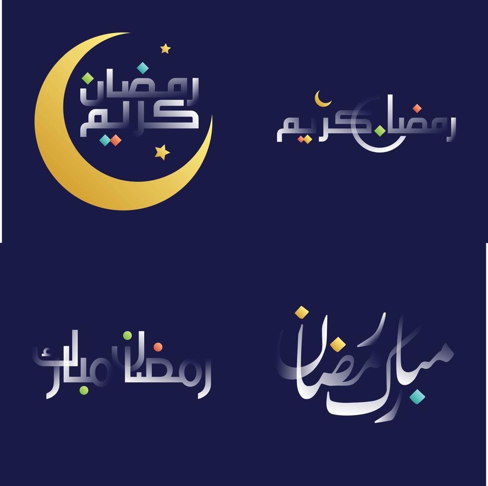 élégant blanc brillant Ramadan kareem calligraphie pack avec coloré éléments vecteur