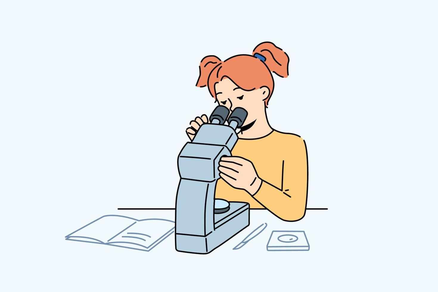 intelligent peu fille asseoir à bureau dans école Regardez dans microscope. intelligent adolescent écolière étude article en dessous de microscope. éducation et apprentissage. vecteur illustration.