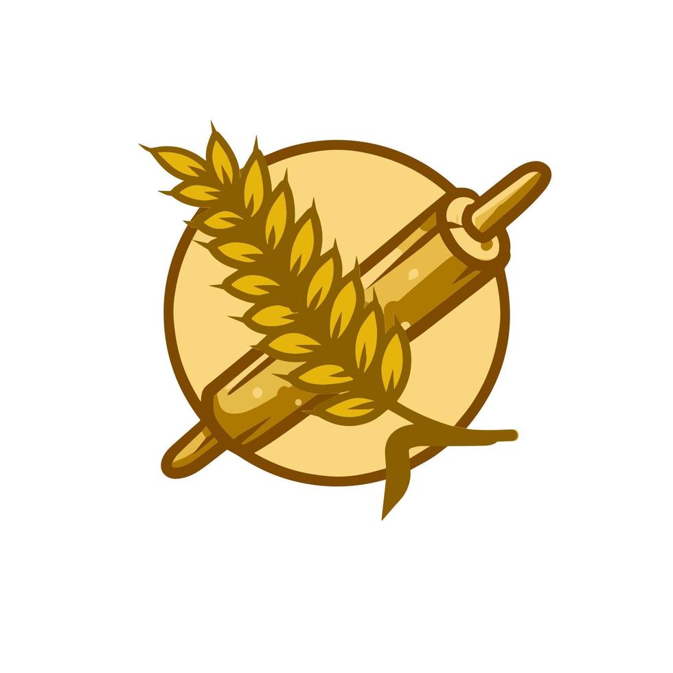 logo de boulangerie. d'or oreille de blé et roulant broche. préparation de pâte et pain. vieux rétro emblème. vecteur