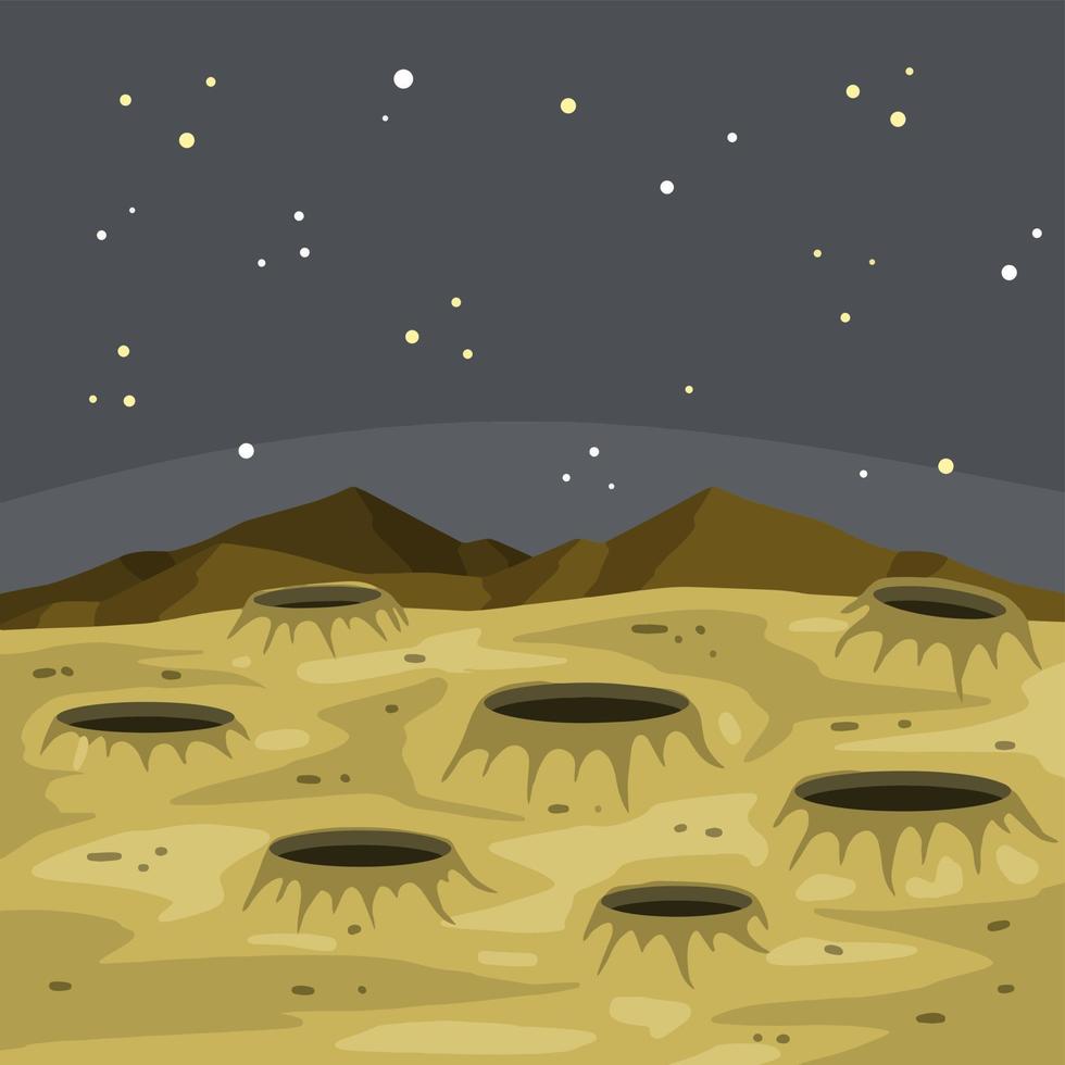 lune. lunaire surface avec cratères et poussière. science et extra-terrestre paysage. étoiles et espace vol. espace planète en orbite le Terre. plat dessin animé illustration vecteur