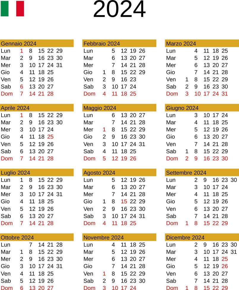 année 2024 calendrier dans italien avec Italie vacances vecteur