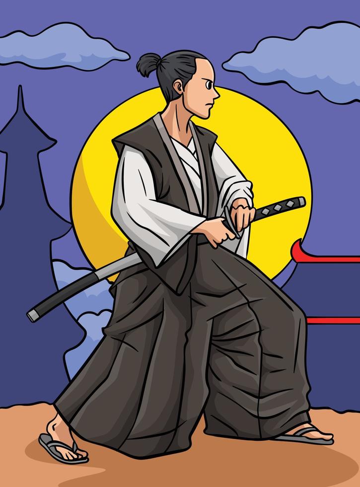 samouraï épée coloré dessin animé illustration vecteur
