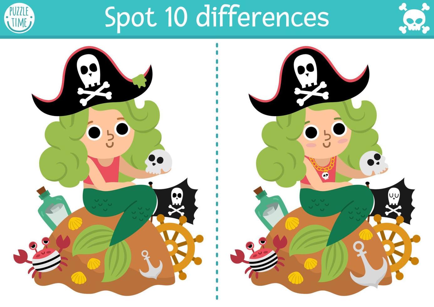 trouver différences Jeu pour les enfants. mer aventures éducatif activité avec mignonne pirate sirène. Trésor île ou Halloween puzzle pour des gamins avec marrant personnage. imprimable feuille de travail vecteur