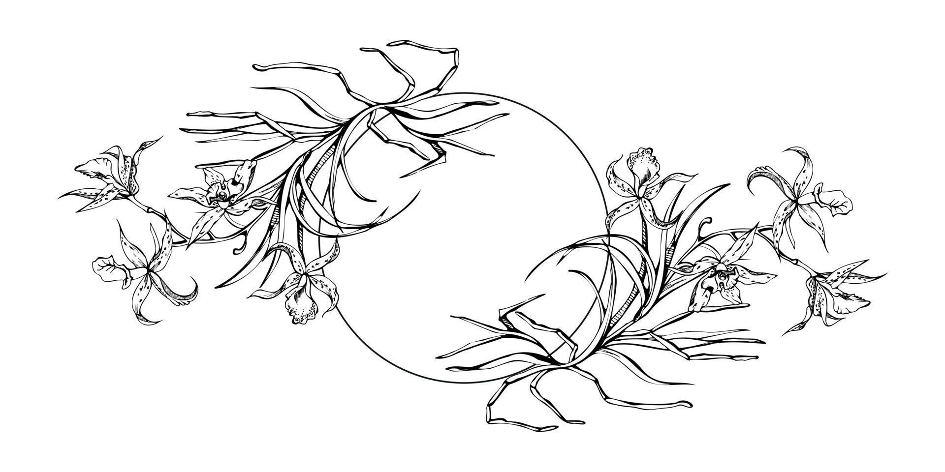 main tiré vecteur encre orchidée fleurs et branches, monochrome, détaillé contour. cercle couronne composition. isolé sur blanc Contexte. conception pour mur art, mariage, imprimer, tatouage, couverture, carte.