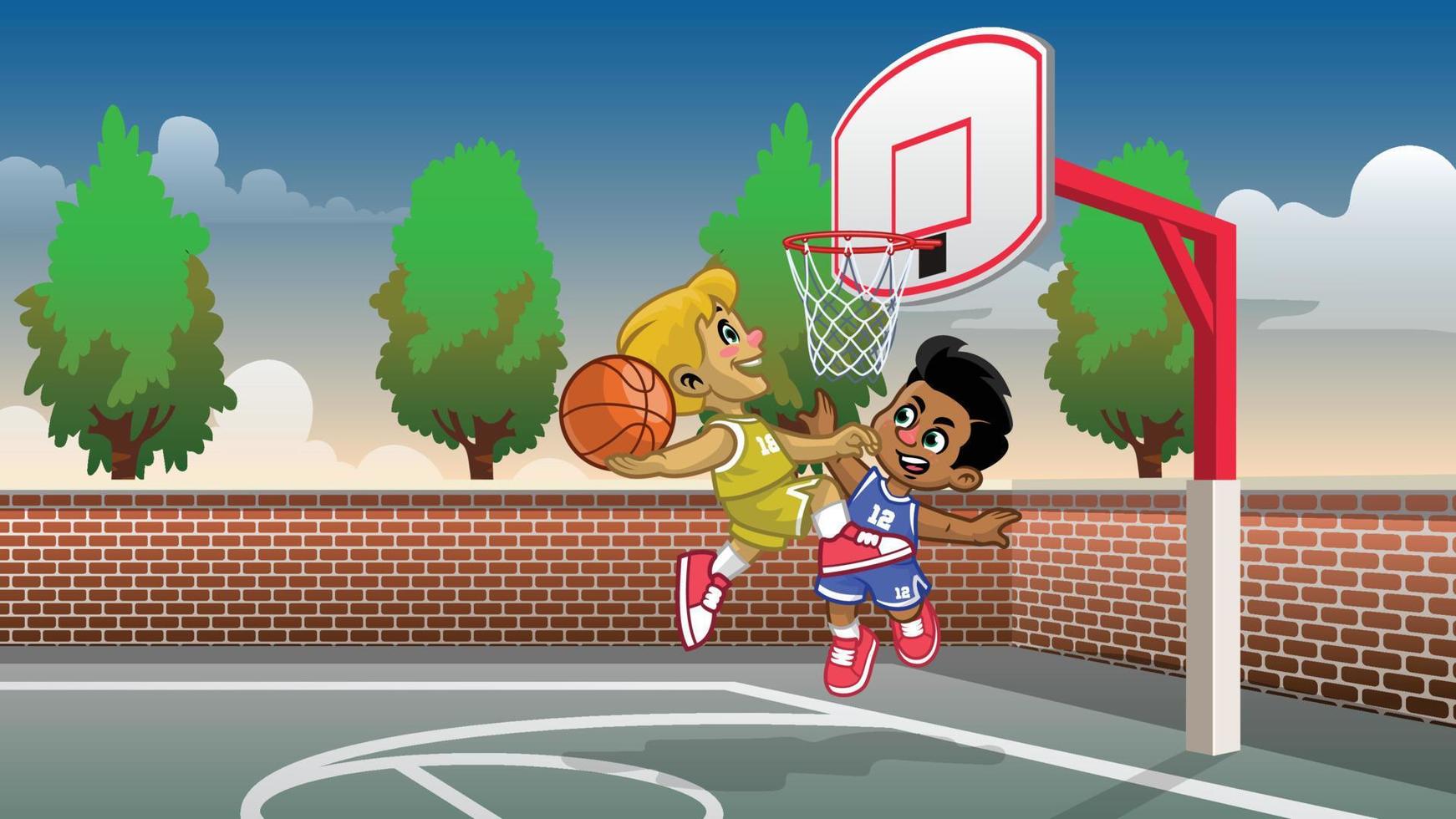 dessin animé enfants jouant au basket sur le terrain vecteur
