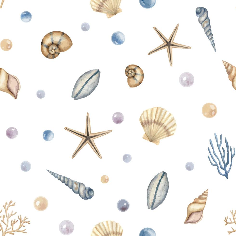 coquillage sans couture modèle sur isolé Contexte. main tiré illustration de coquille coquilles, nautile et coraux pour textile conception ou emballage papier dans Marin style. coquillage ornement avec bulles vecteur