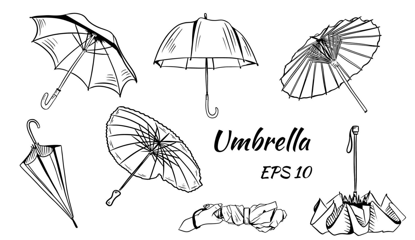 ensemble de parapluies de vecteur. style de bande dessinée. différents parapluies chinois, parapluie fermé à la main en forme de coeur. vecteur