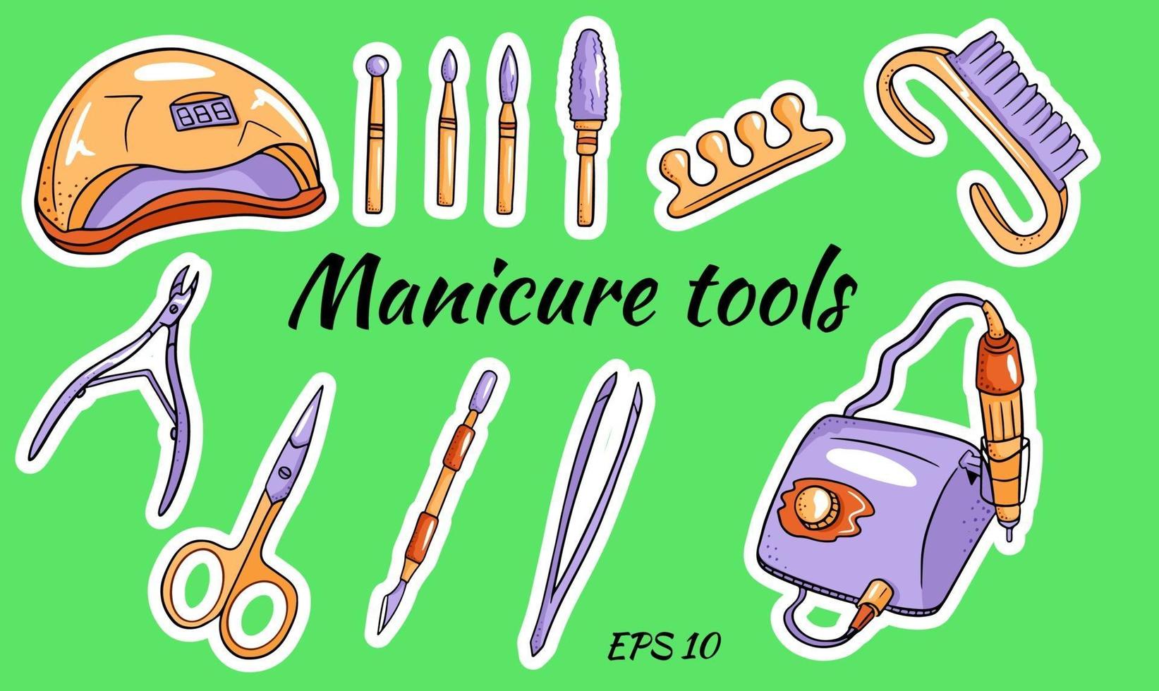 un ensemble d'outils de manucure. outils pour la manucure et la pédicure matérielles. appareils de manucure, couteaux, lampe à ultraviolets. vecteur