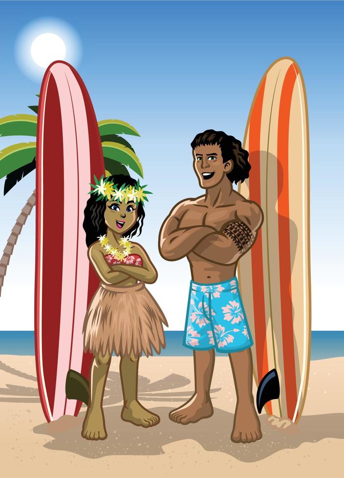 couple de hawaïen surfeur garçon et fille vecteur