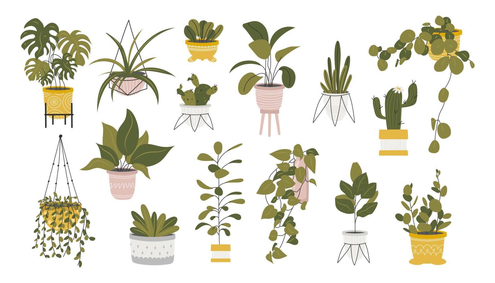 ensemble de différent autocollants de intérieur les plantes dans fleur marmites. exotique végétaux, monstera et autre Accueil décoratif fleurs. vecteur Stock illustration. dessiné à la main style. autocollants pour journal intime et carnet.