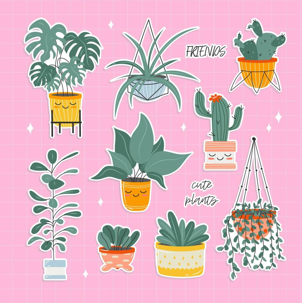 ensemble de mignonne autocollants de kawaii plantes d'intérieur dans fleur marmites. exotique végétaux, monstera et autre décoratif fleurs. vecteur Stock illustration. enfants illustration de autocollants pour enfants.