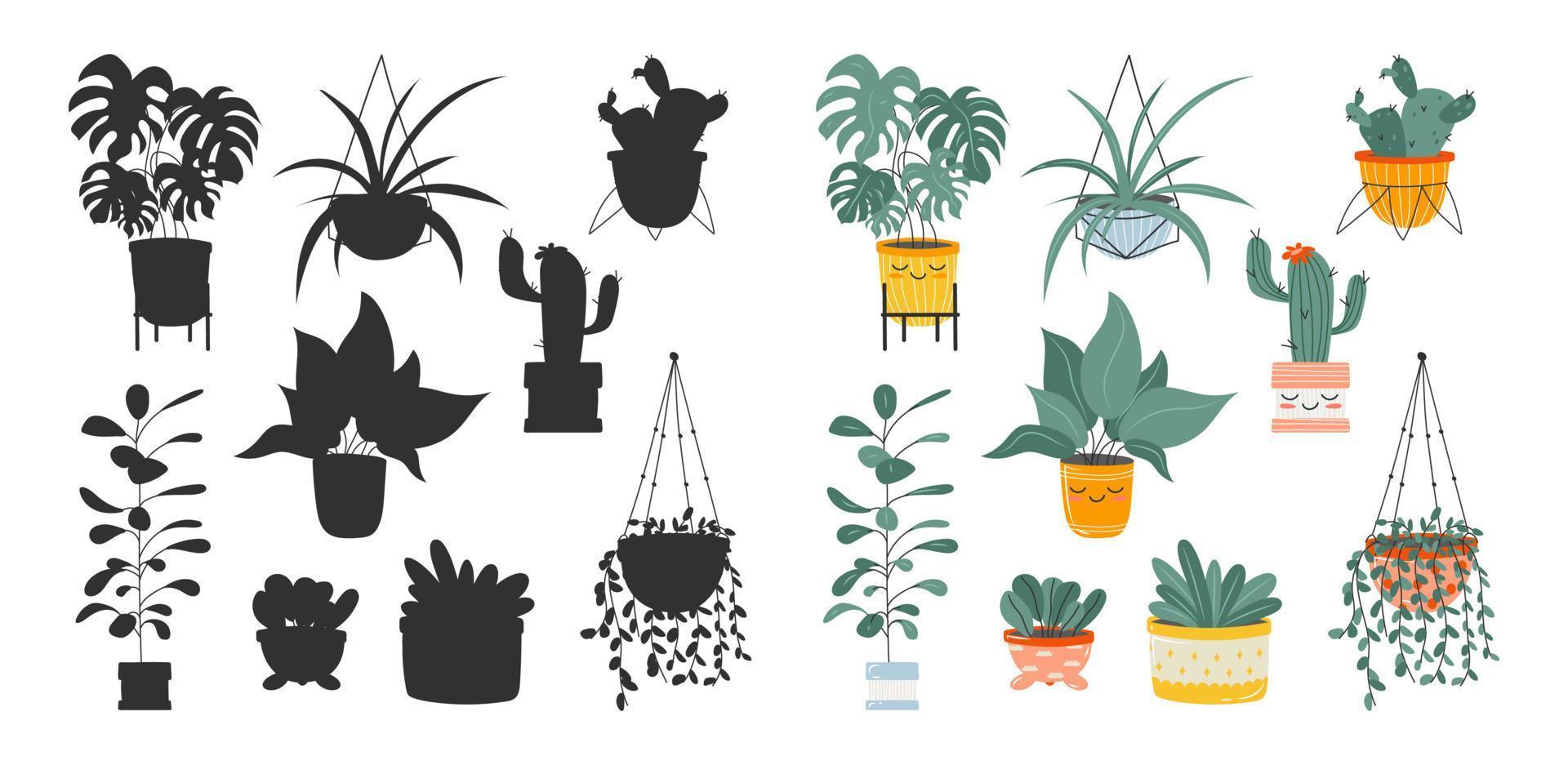 enfants éducatif jeu, trouver correct ombre silhouette. intérieur les plantes et noir silhouettes de fleurs. mignonne kawaii les plantes. vecteur Stock illustration isolé sur blanc Contexte.