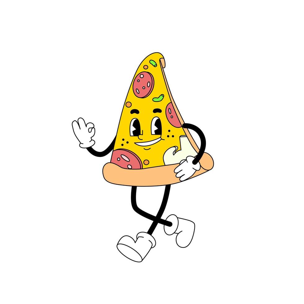 dessin animé personnage dans rétro Années 60 style. hippie mascotte. content tranche de Pizza. nourriture autocollant pour restaurant vecteur