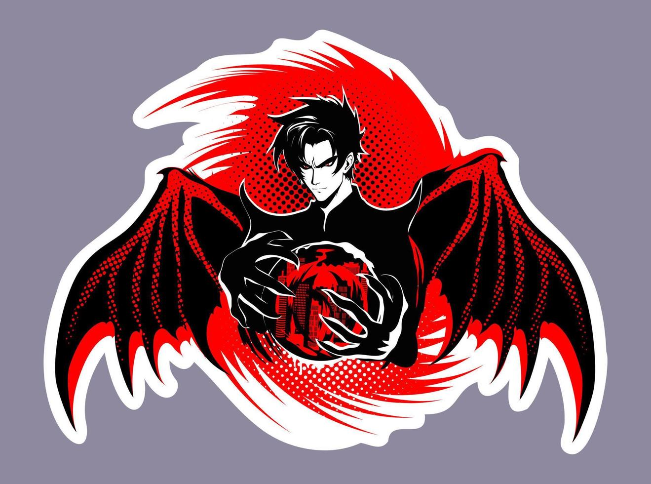 une noir démon avec flamboyant ailes détient une rouge sphère avec une ville dans ses mains. vecteur