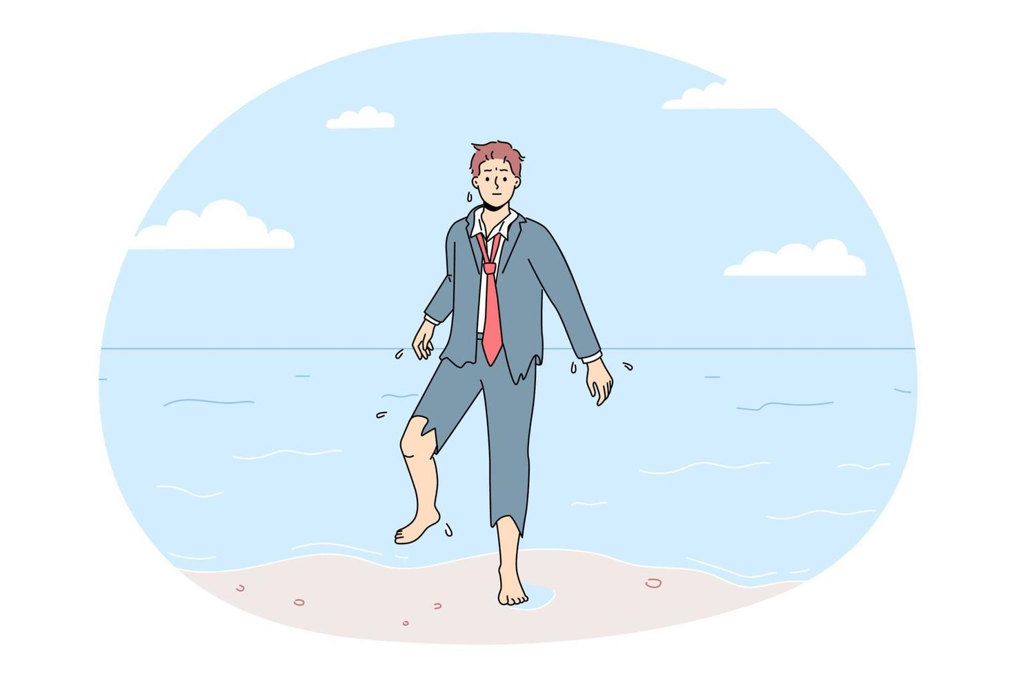 confus homme d'affaire dans déchiré costume marcher en dehors de océan dans plage. frustré Masculin employé enregistrer après crash marcher à rivage. vecteur illustration.